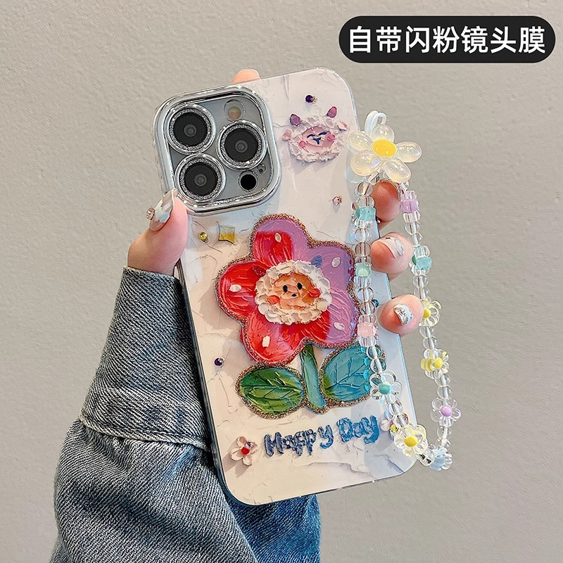 小清新花朵适用苹果15手机壳新款iphone全包带镜头膜16promax带手链14pro网红13小众不撞款11超好看12高级感I