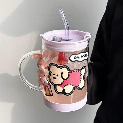 大容量1000ML玻璃杯水杯高颜值耐高温喝水吸管杯子女带把手玻璃杯