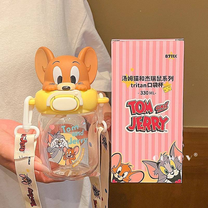 可爱猫和老鼠吸管杯女生高颜值便携塑料水杯学生上学专用吸管水杯