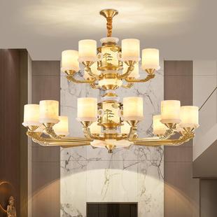 新中式 楼梯灯具 楼中楼客厅大吊灯高档全铜玉石别墅灯跃层挑空复式