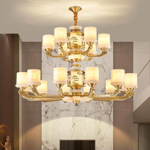 新中式楼中楼客厅大吊灯高档全铜玉石别墅灯跃层挑空复式楼梯灯具