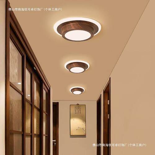 新款中古风LED入户门厅灯过道走廊灯复古胡桃木纹阳台灯玄关灯具