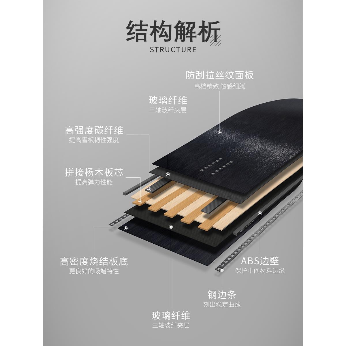 WS滑雪板烧结板底碳纤维加强雪板单板成人平花公园滑雪装备刻滑板