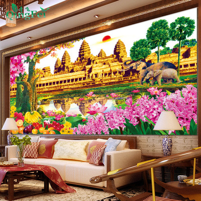 青飞新款精准印花吴哥十字绣线绣大象水果荷花风景建筑十字绣客厅