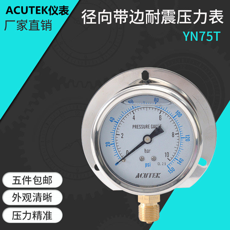 径向后边耐震压力表YN75T10barG3/8船用油压抗震防震压力表