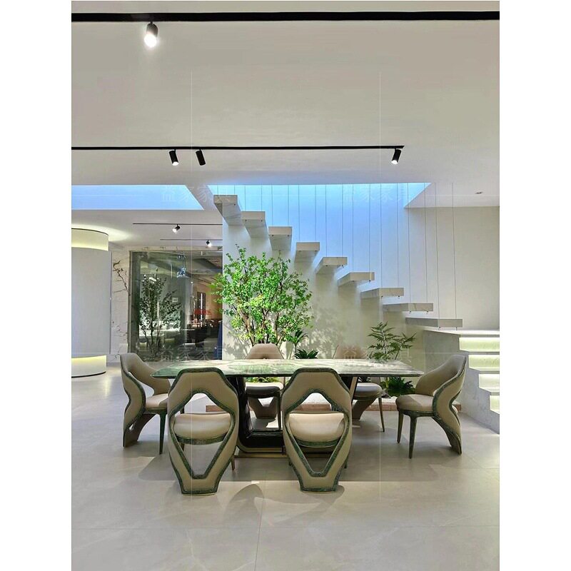 意式轻奢天然大理石长方形餐桌家用异形设计师豪宅别墅样板房餐椅