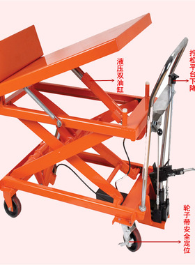 倾斜式手动升降平台 台面可倾斜45度液压平台车 平板倾斜型手推车