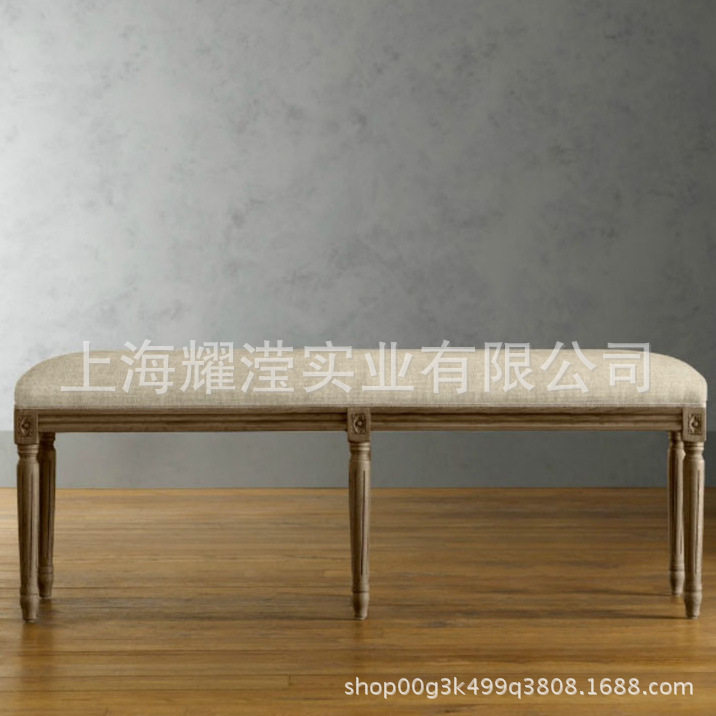 美式实木床尾凳订置家具橡木原木卧室家具做旧风化灰门厅换鞋凳