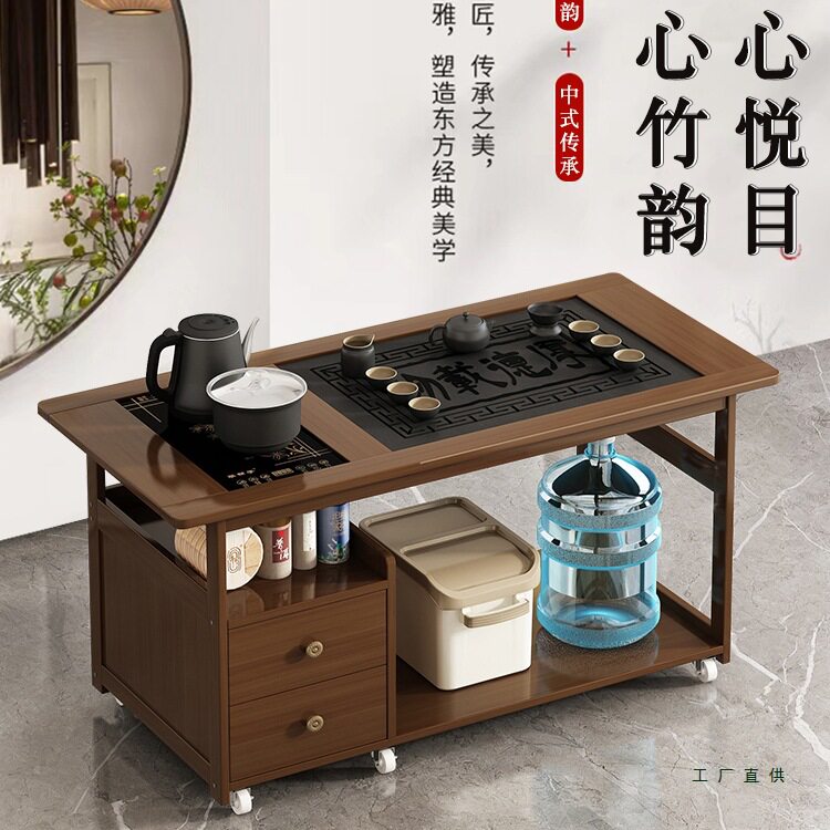 移动茶桌茶台家用实木小茶车客厅茶几沙发边几柜茶具盘烧水壶一体