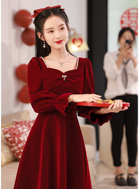 好货敬酒服新娘2025新款红色丝绒订婚礼服冬天连衣裙回门便装长袖