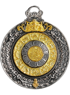 转动纯银九宫牌吊坠项链生肖银坠子鎏金转动款