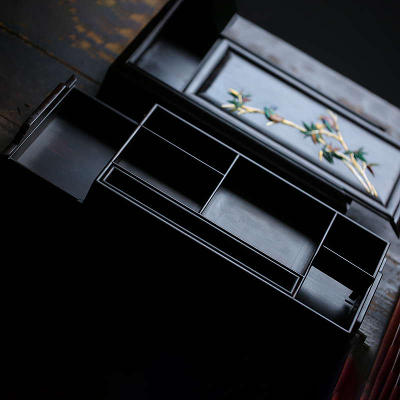 竹鹊图紫光檀木首饰盒文玩黑檀百宝嵌红木制文房珠宝箱收纳盒7098