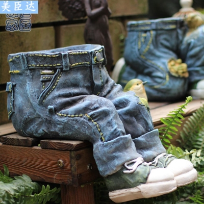 极速牛仔花器裤子花盆装饰摆件复古做旧美式乡村庭院阳台地面