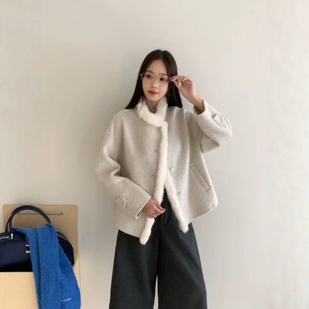 羊毛大衣女双面羊绒2026新款兔毛领时尚气质老钱秋冬毛呢外套短款
