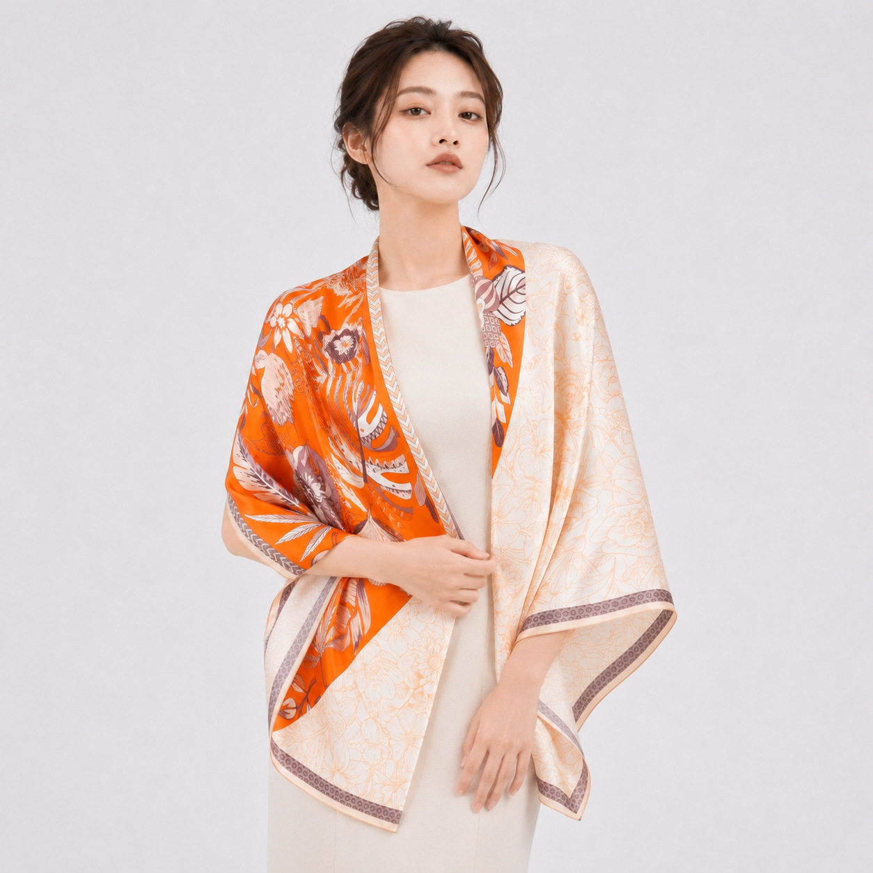 法式橙色花卉真丝方巾100桑蚕丝女春秋薄款丝巾百搭时尚妈妈围脖