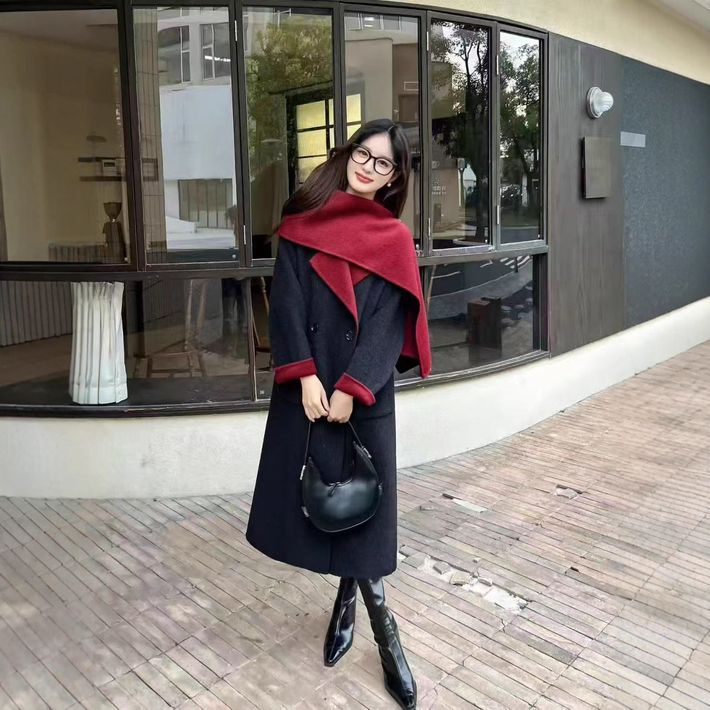诗美西装领毛呢外套女式双面呢秋冬大衣女双面经典百搭中长款+送