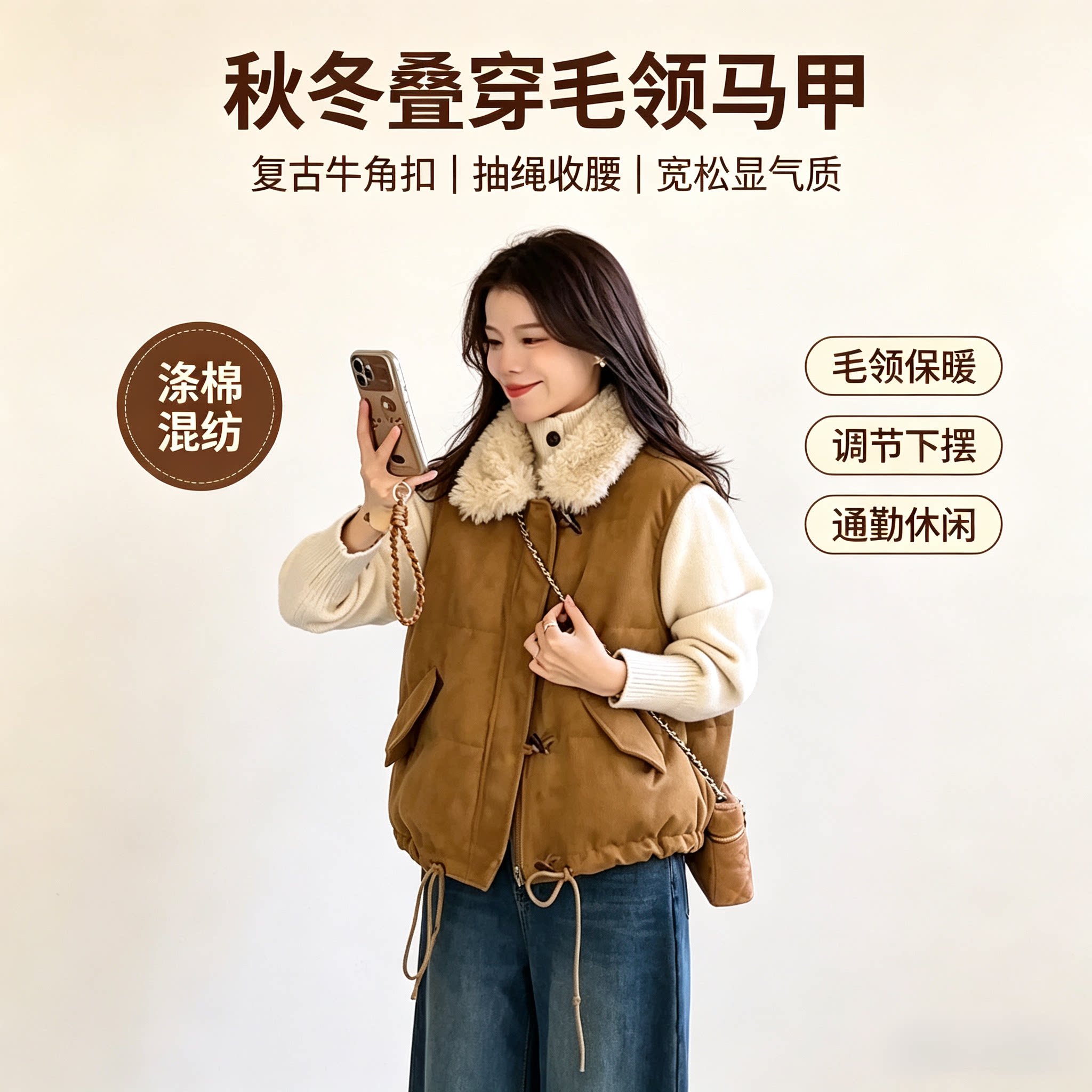 秋冬牛角扣仿羊羔绒毛领马甲秋冬加厚羽绒棉外搭抽绳收腰宽松背心
