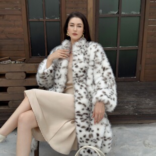 诗美欧美冬季豹纹环保毛皮草外套水貂绒皮草外套气质长款毛毛大衣