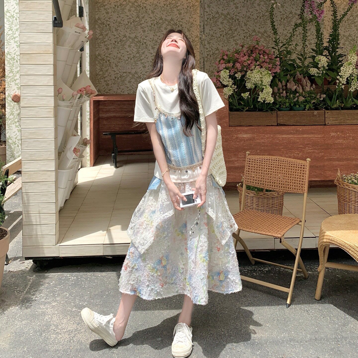蓝色小清新假两件短袖恤套装裙女2026夏季减龄碎花半身裙两件套