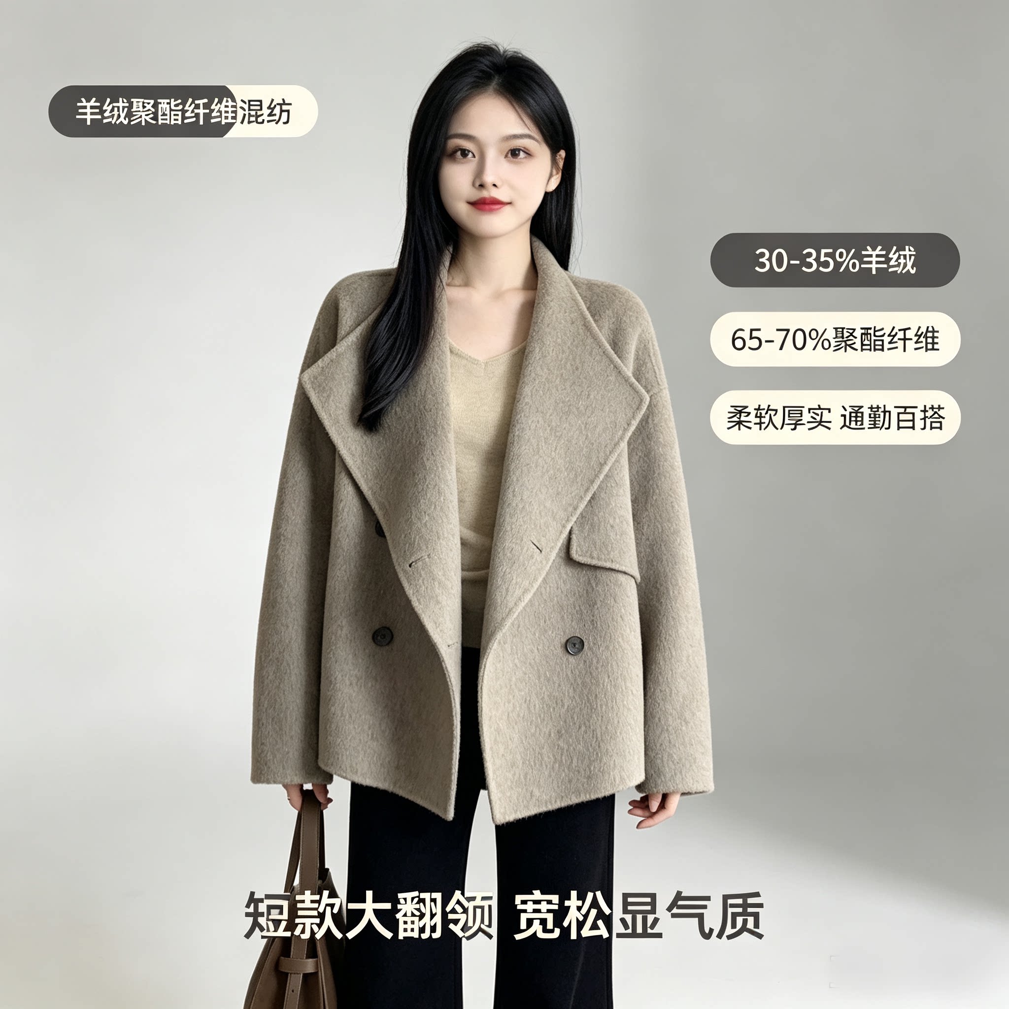 慵懒风软糯羊绒混纺双面呢大衣女2026秋冬高级感短款小个子外套女