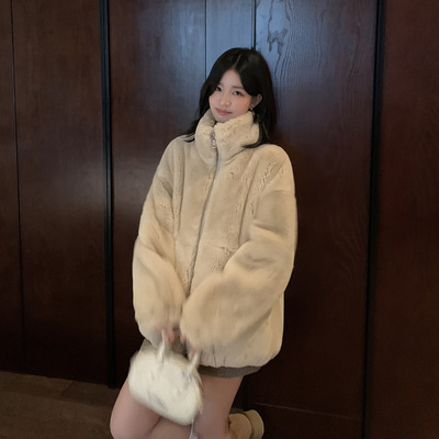 诗美大码时尚百搭立领环保獭兔毛年轻款皮草外套女2025年冬季加厚