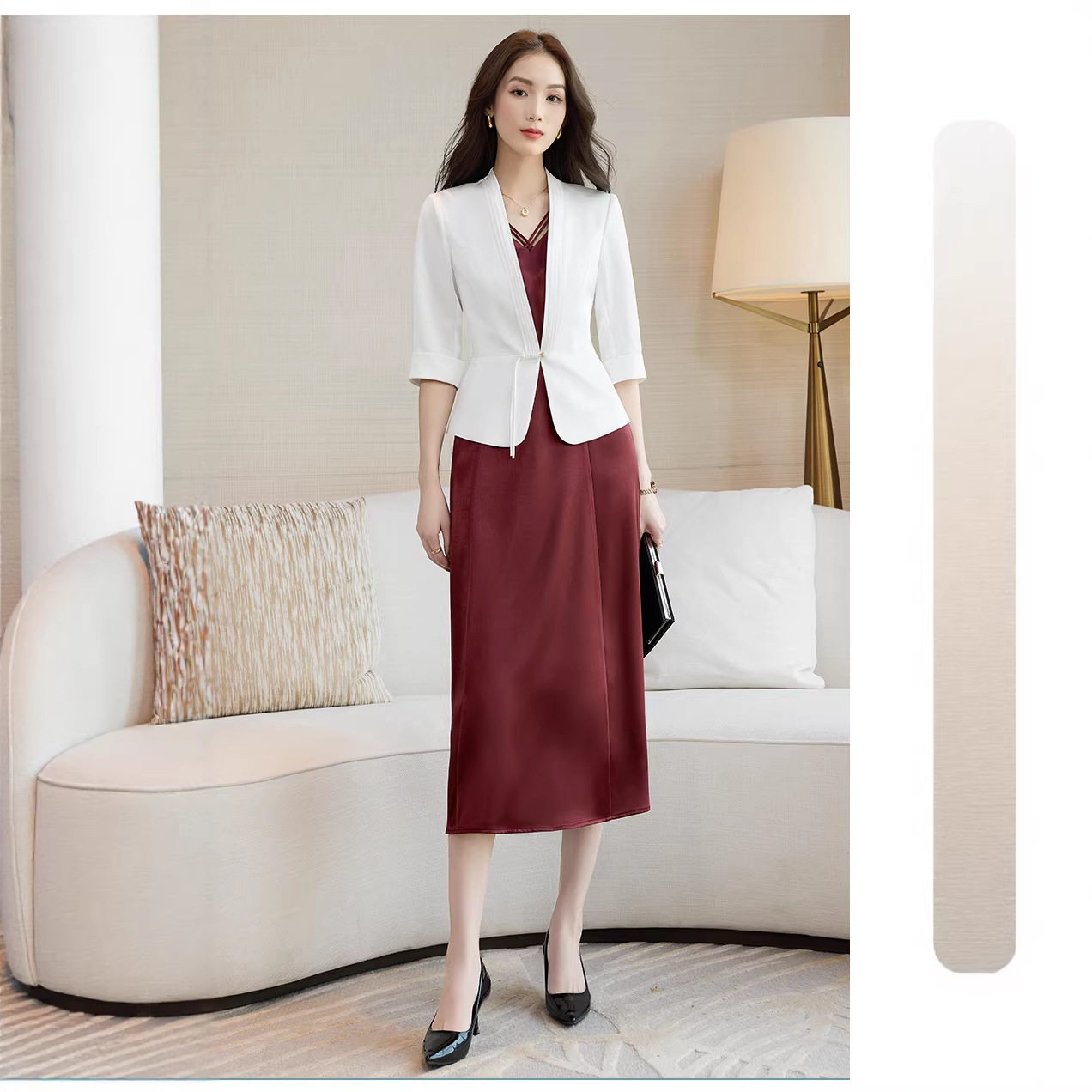 气质缎面西装外套连衣裙套装女夏季薄款修身短款休闲中袖小西服女