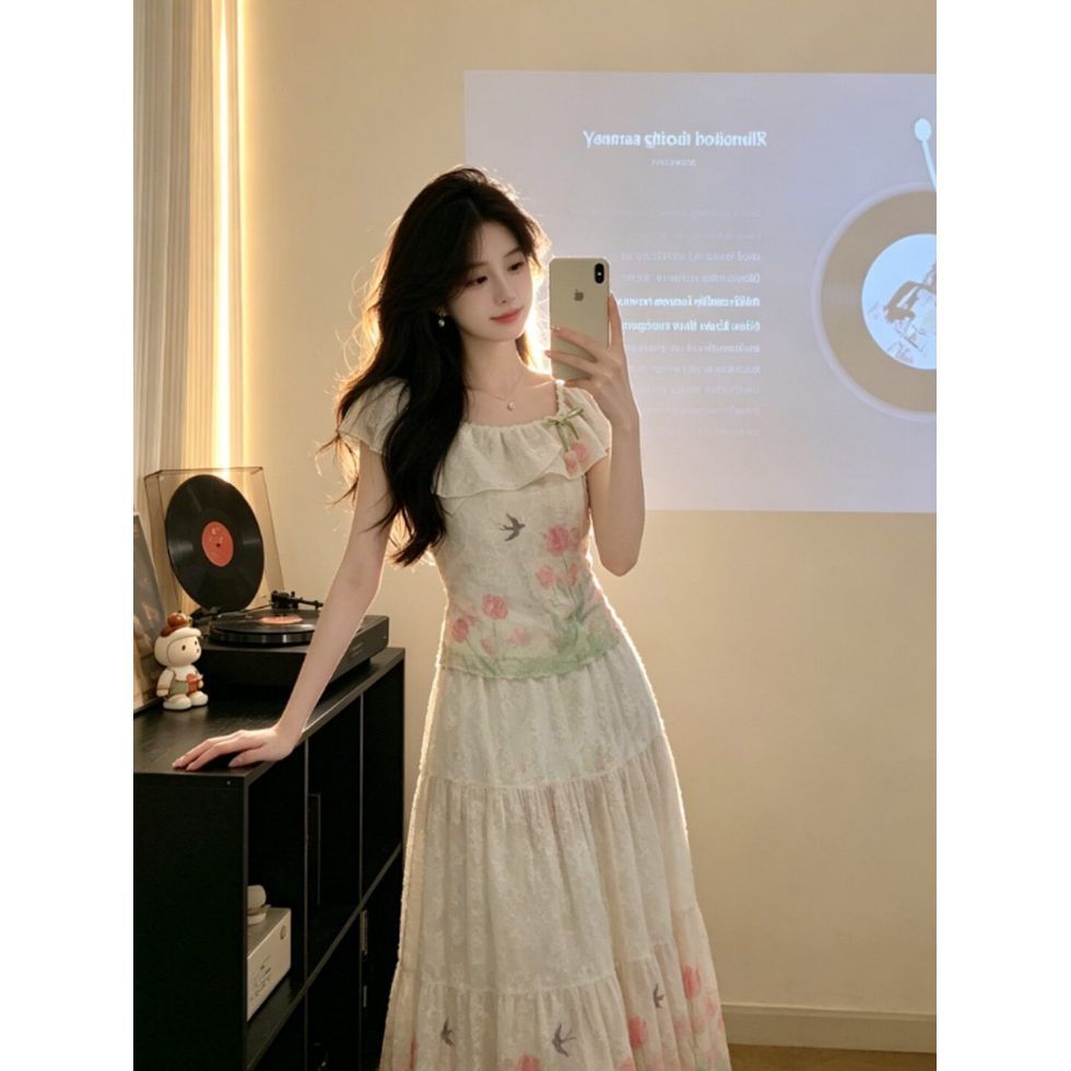 夏季碎花方领荷叶边显瘦套装裙女