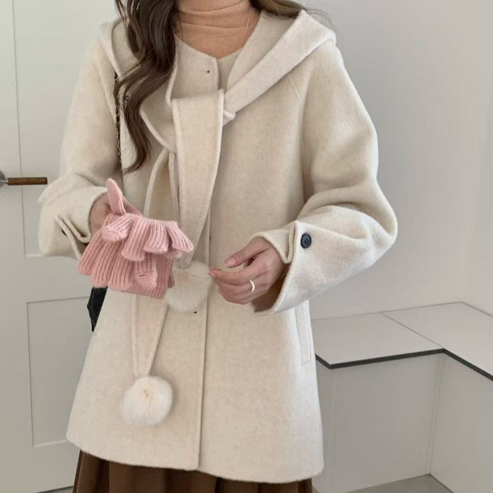 诗美韩版宽松显瘦洋气毛呢外套女2025秋冬帽子围巾可拆百搭短款