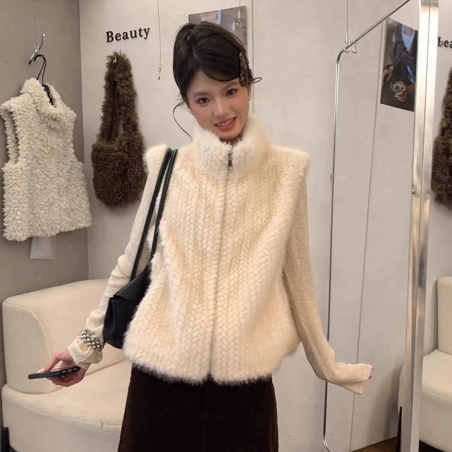 冬季新款仿水貂编织马甲女立领环保毛皮毛一体皮草外套女韩系短款