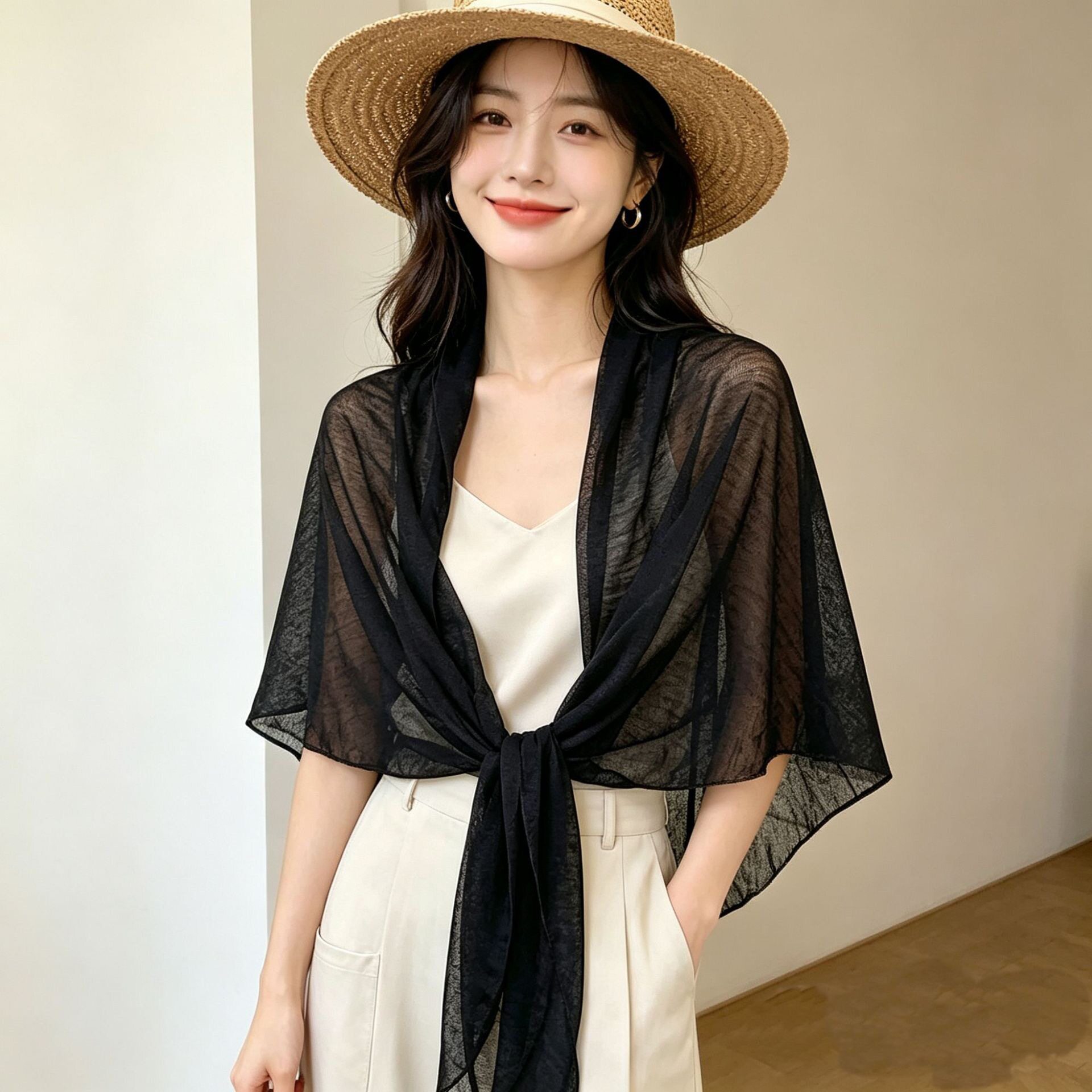 2026韩版亚麻大三角巾丝巾女春秋薄款外搭冰丝披肩装饰配裙子围巾