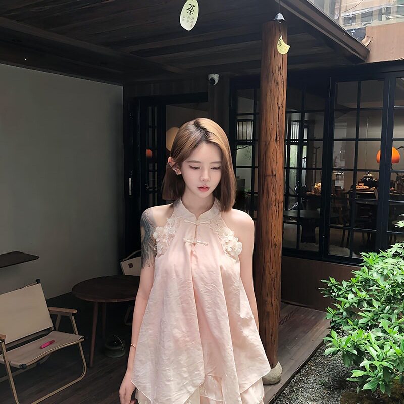 立体花朵盘扣立领上衣短裙套装女