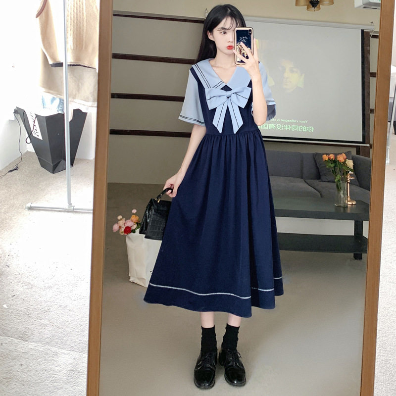 海军领蝴蝶结显瘦连衣裙夏新款女
