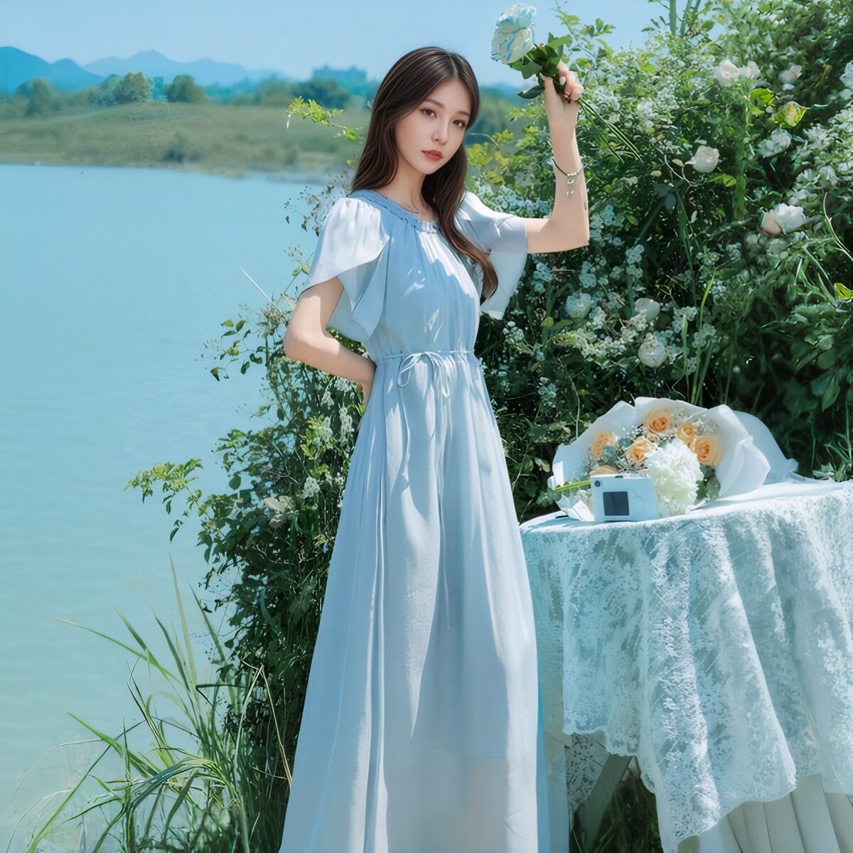 法式清新花瓣袖高腰显瘦连衣裙女