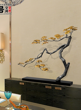 新中式迎客松树样板房玄关装饰品铁艺雕塑工艺品酒店大堂金属摆件