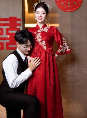 好货红色结婚旗袍敬酒服新娘回门新中式出阁宴孕妇订婚礼服裙大码