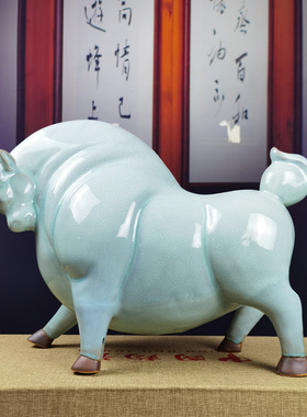 钧瓷牛气冲天创意牛摆件陶瓷招财牛客厅办公室装饰工艺品开业礼品