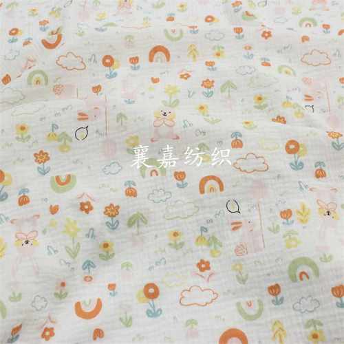 新款直销双层棉纱布绉布 卡通印花布料 婴幼儿 包被 毯子面料
