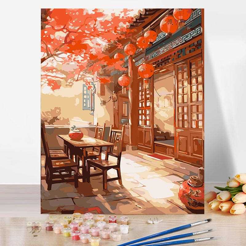 新款直销古风小院diy手绘中国风建筑丙烯画手工填色油彩画装饰画图片