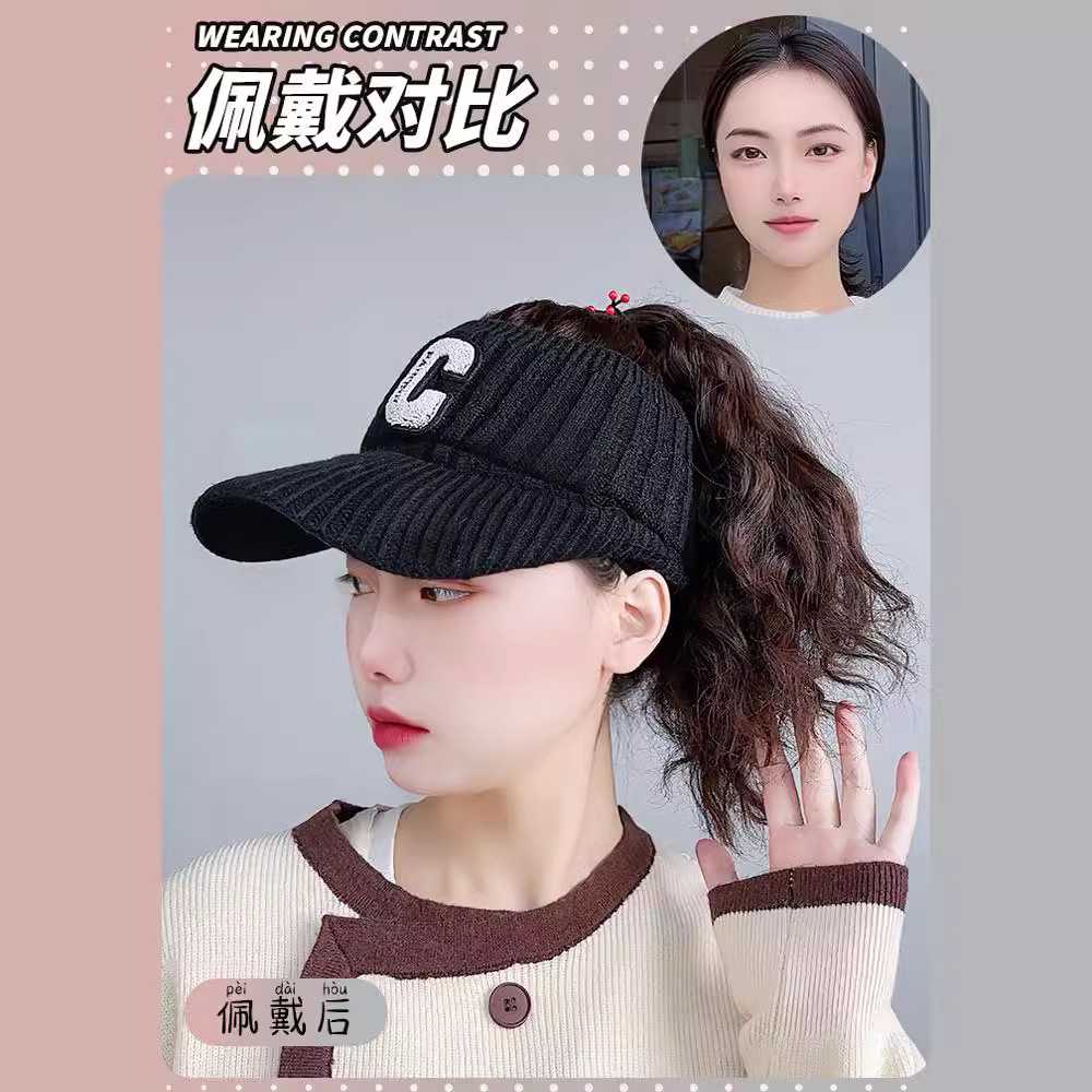 新款直销假发女马尾帽子一体时尚秋冬加厚空顶帽女卷发马尾棒球帽