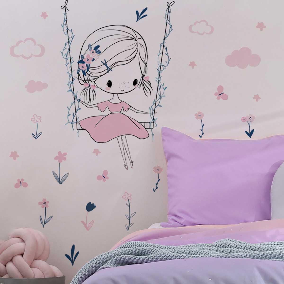 新款直销MS2303卡通女孩花朵墙贴卧室儿童房背景墙装饰自粘墙贴画