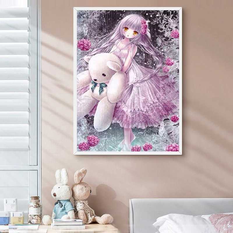 新款直销卡通钻石画满钻客厅唯美梦幻玫瑰女孩熊十字绣新款卧室客