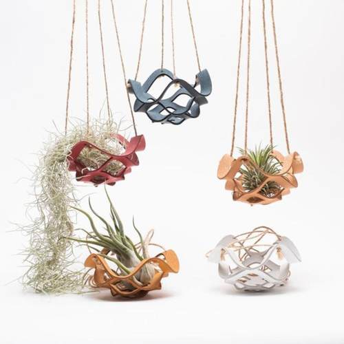 新款直销现货创意pu皮革悬挂式挂篮 麻绳编织花盆 多层次种植盆托
