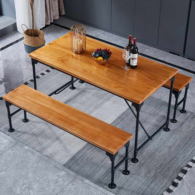 新款直销美式实木铁艺餐厅家用餐桌长桌椅组合 复古工业风餐桌椅8