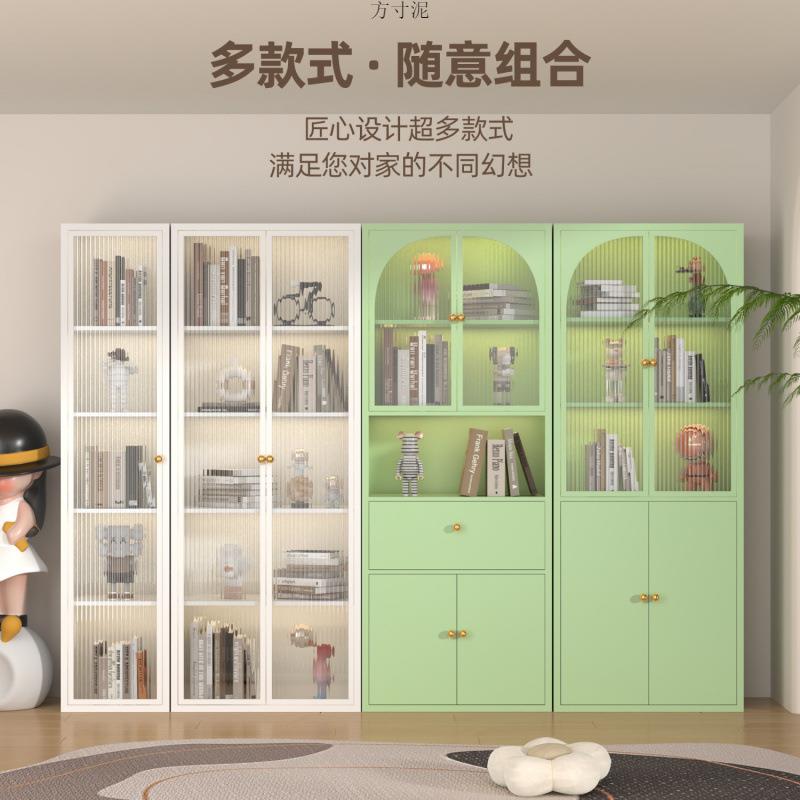 钢制书柜防尘玻璃门书架铁艺儿童储物柜客厅家用小矮柜收纳展示柜