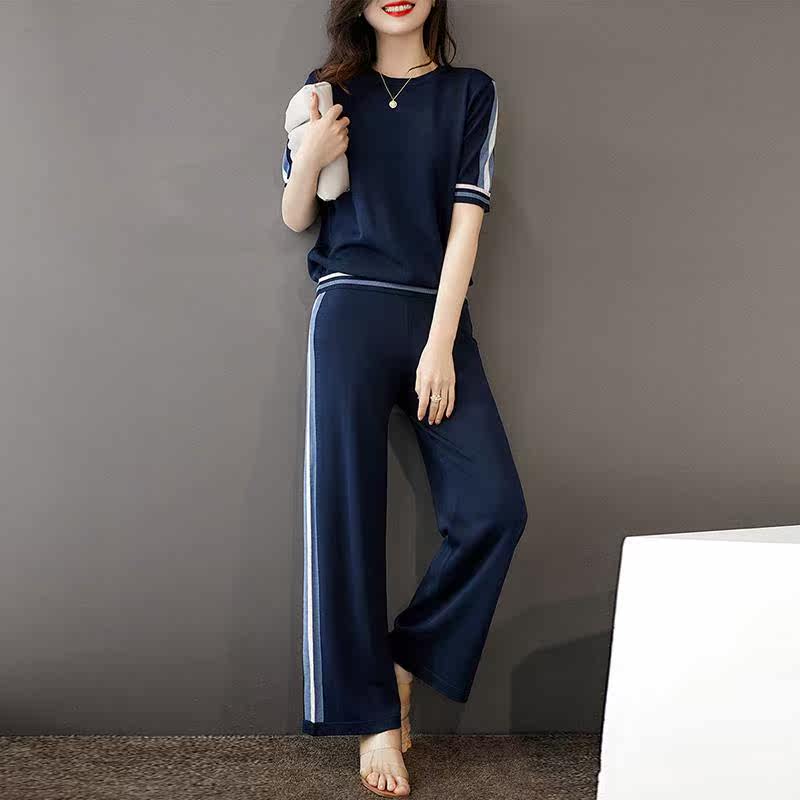 欧洲站休闲时尚运动套装女2024夏季新款短袖针织上衣阔腿裤两件套