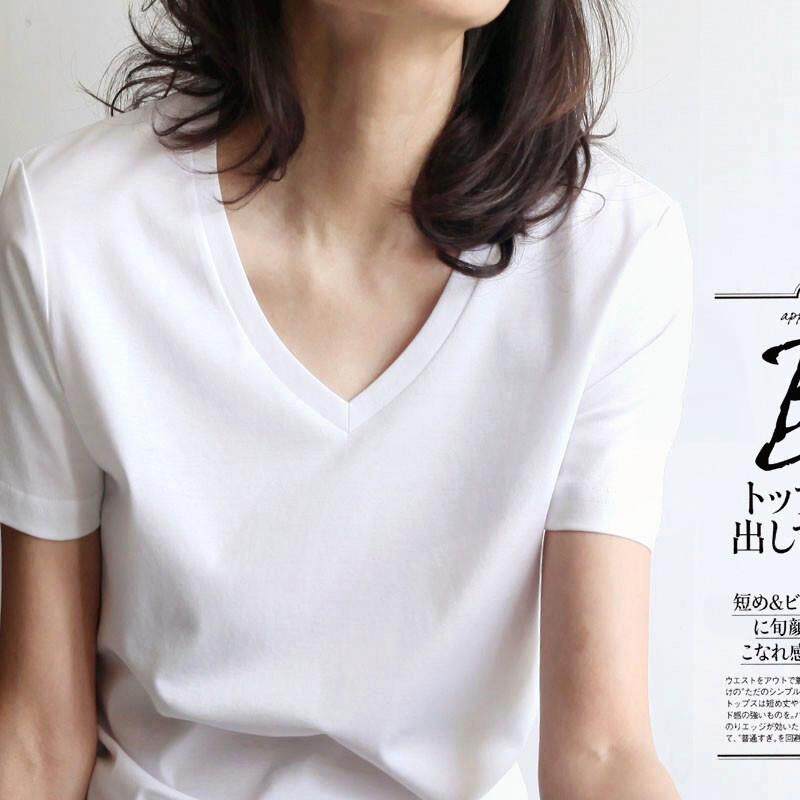 白色t恤女2024夏季新款韩范百搭正肩基础款丝光棉短袖V领纯棉上衣