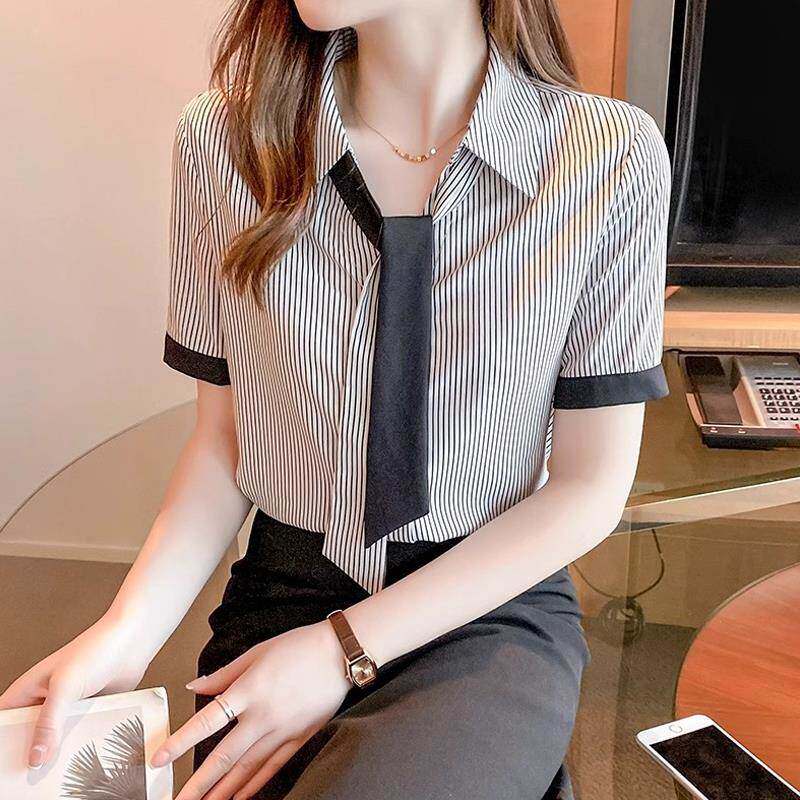 2025夏季新款薄款条纹短袖衬衫女雪纺小个子宽松上衣职业气质衬衣