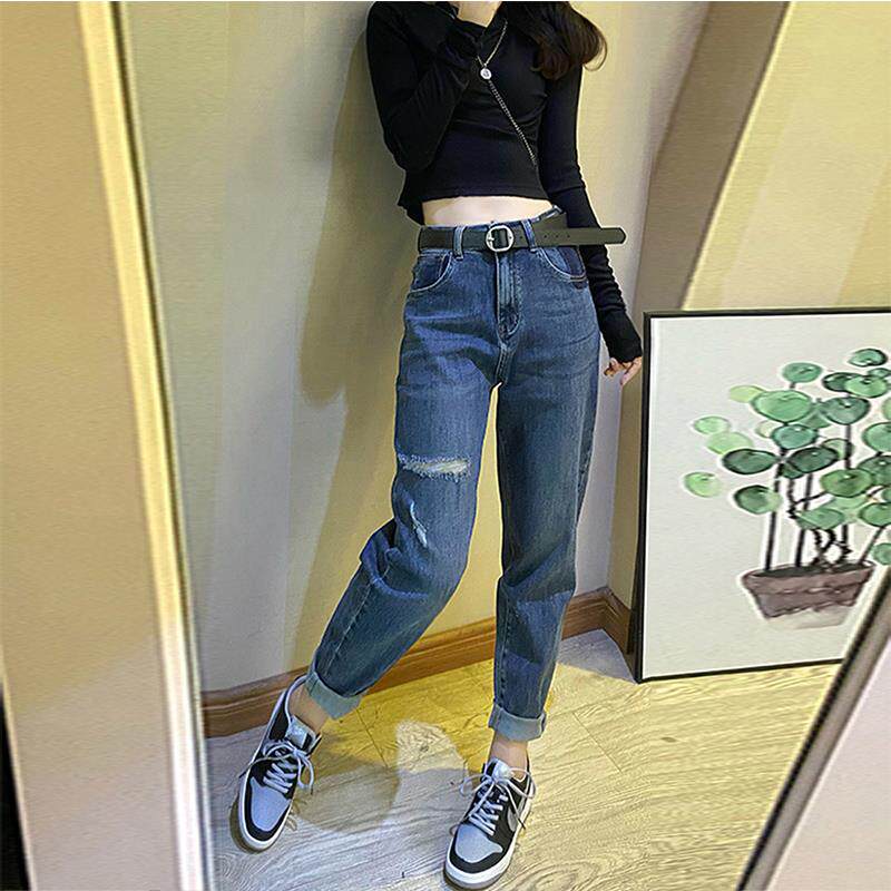 高腰破洞牛仔裤女春秋2024夏季新款显瘦宽松哈伦裤直筒时尚九分裤