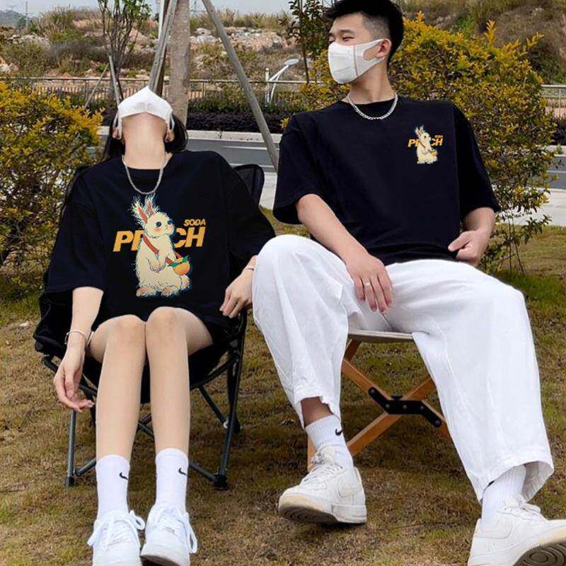 仓石一树潮牌黑色兔子印花短袖t恤男士ins夏季纯棉宽松情侣装体恤