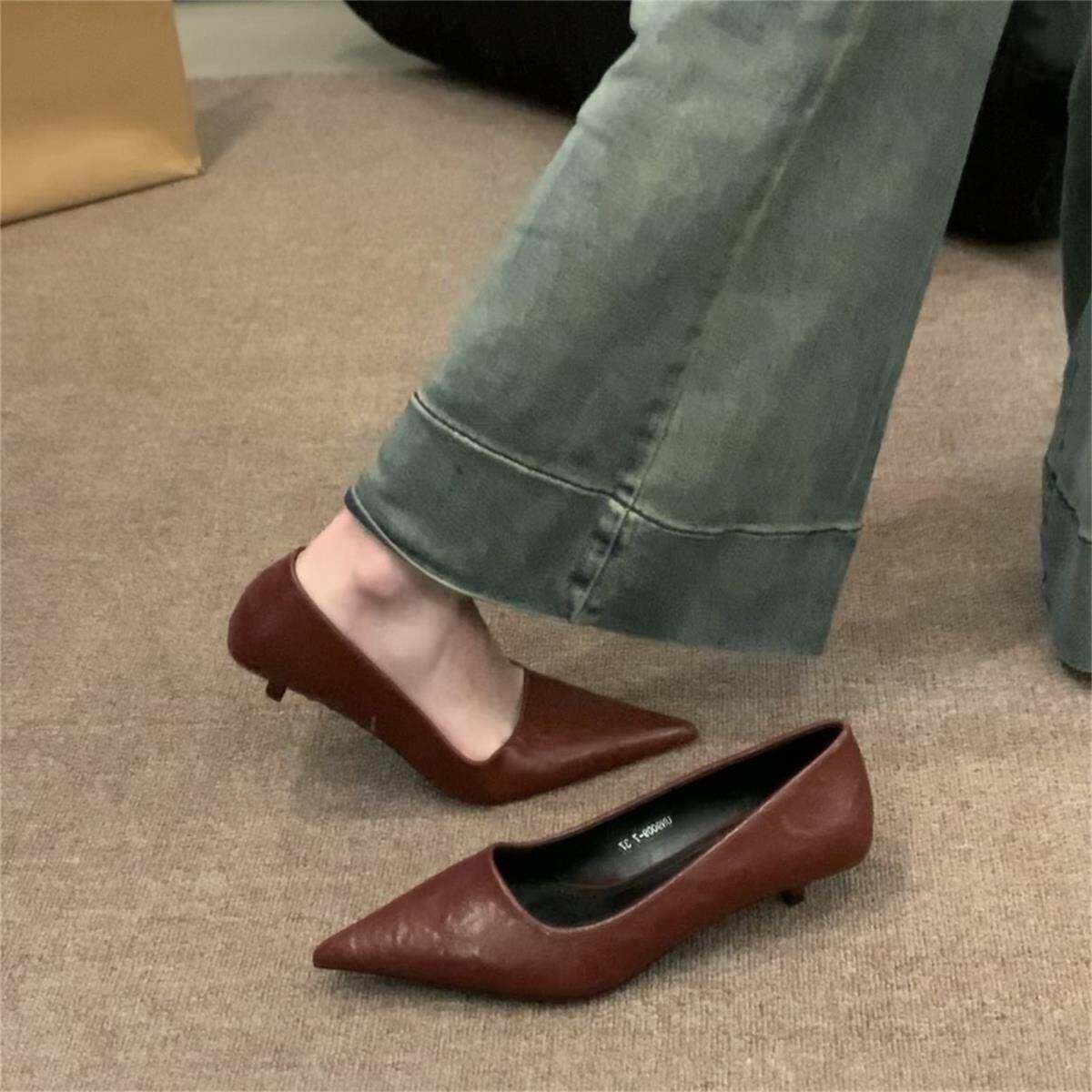 潮牌单鞋女夏季新款气质黑色显瘦网红尖头细跟百搭春秋红色高跟鞋